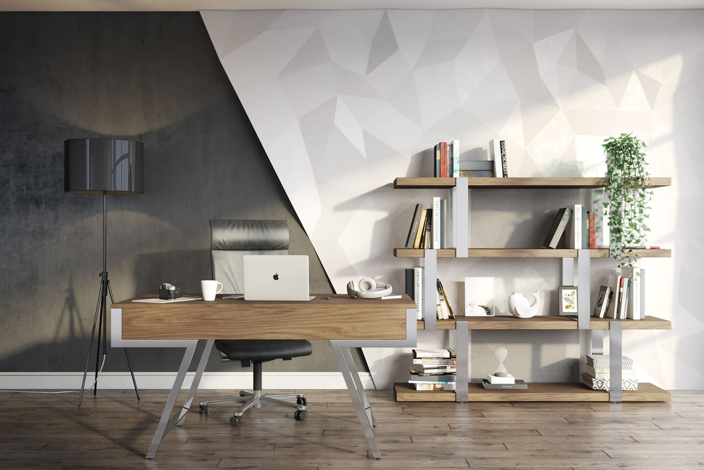 Modrest Brewer - Modern Walnut Glass & Stainless Steel Bookshelf