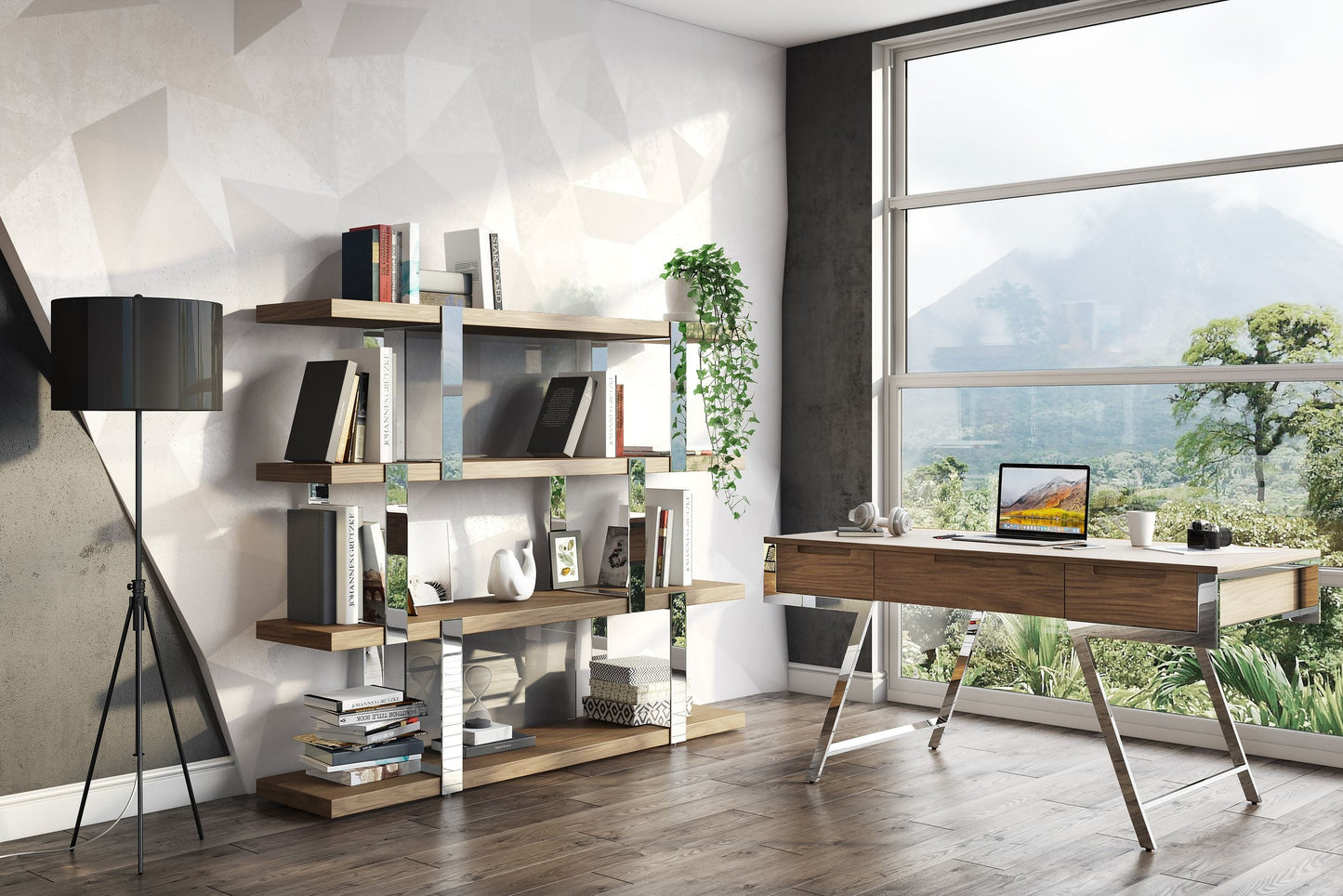 Modrest Brewer - Modern Walnut Glass & Stainless Steel Bookshelf
