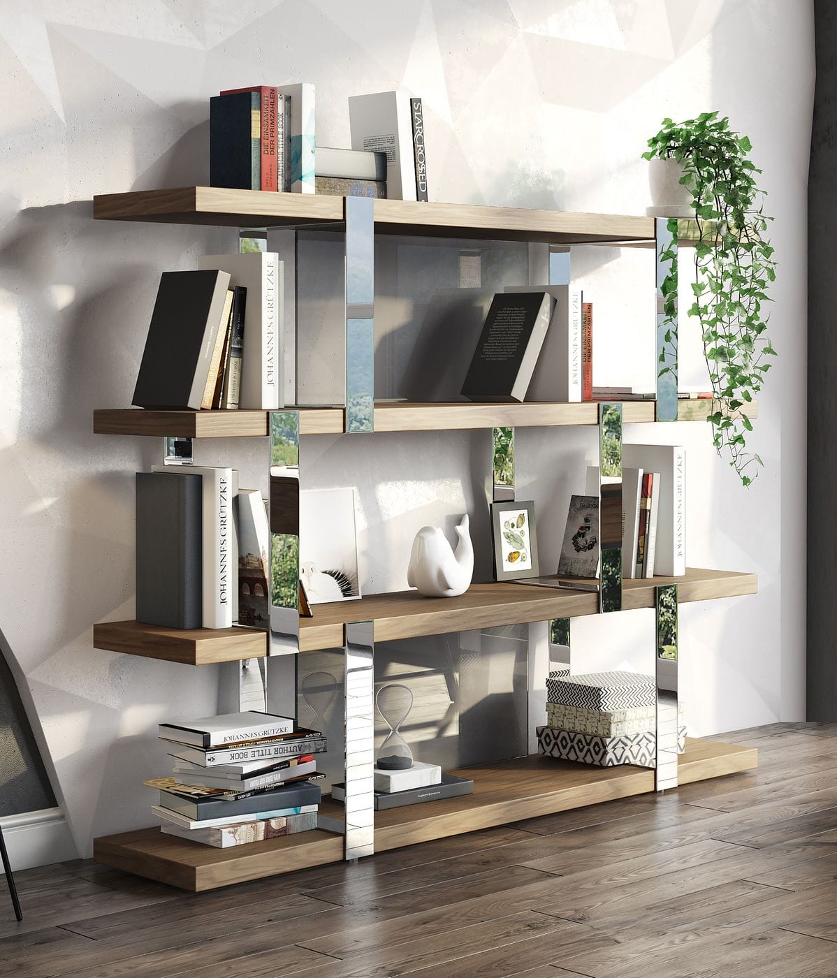 Modrest Brewer - Modern Walnut Glass & Stainless Steel Bookshelf