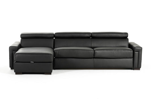 Lamod Italia Sacha - Modern Black Leather Reversible Sectional Sofa Bed with Storage