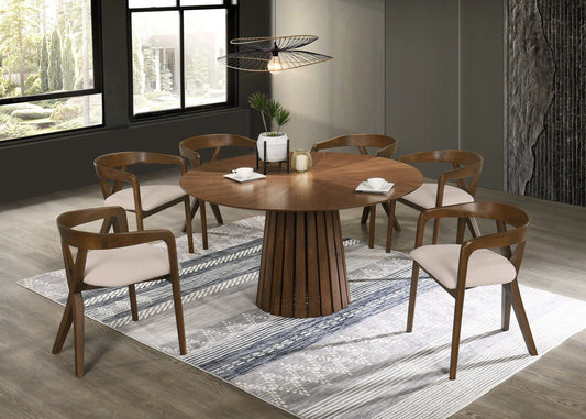 Modrest Weiss - Mid-Century Modern Walnut Round Dining Table + 6 Chair Set