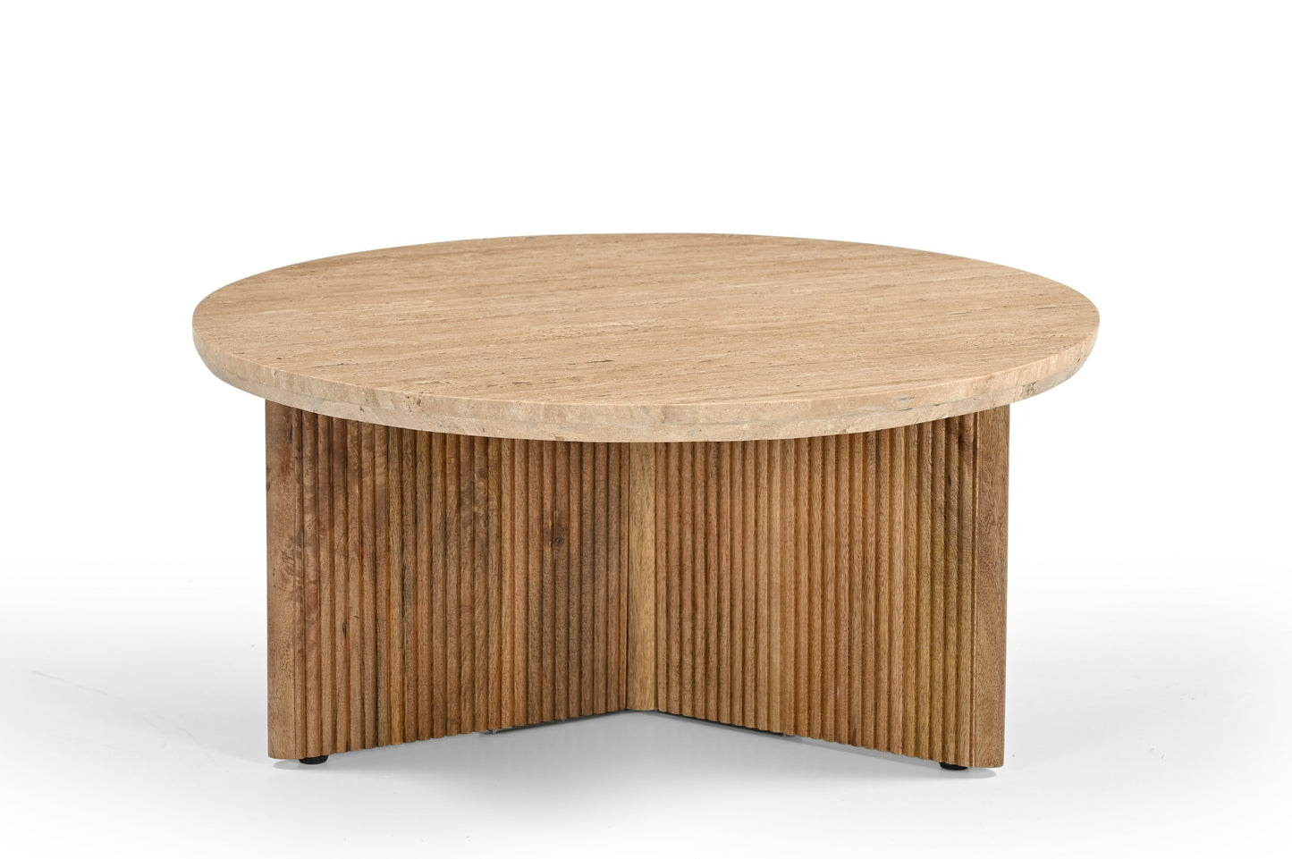 Modrest Pawnee - Modern Travertine Marble + Wood Round Coffee Table