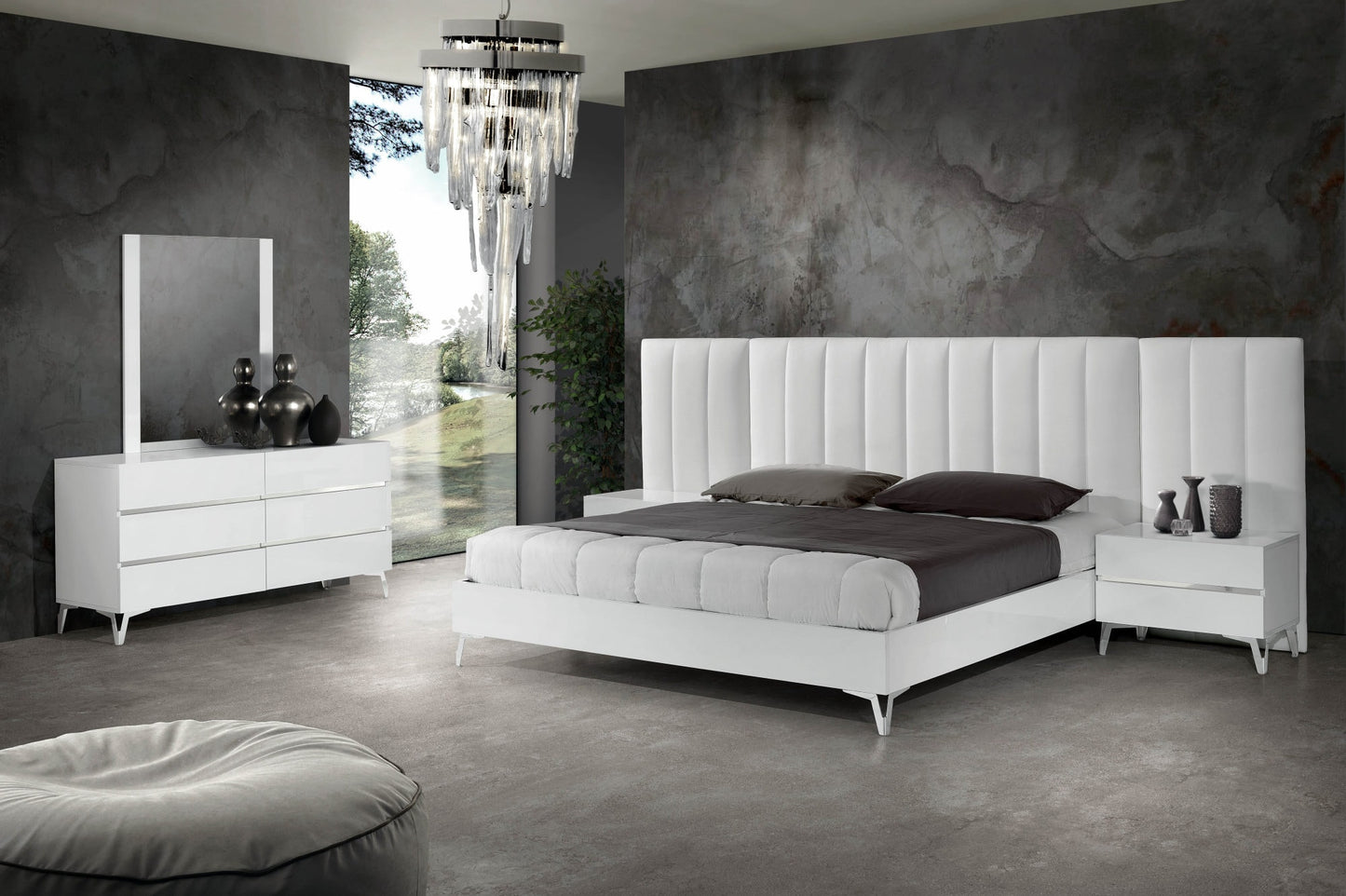 Nova Domus Angela - Italian Modern White Eco Leather 4-Piece Bedroom Set and Wings