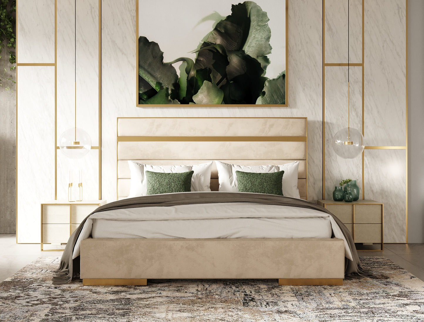 Modrest Cartier - Modern Beige Velvet + Brushed Brass 4-Piece Bedroom Set