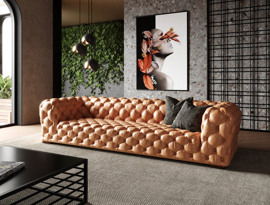 Divani Casa Dexter - Transitional Camel Full Italian Leather Tufted Sofa