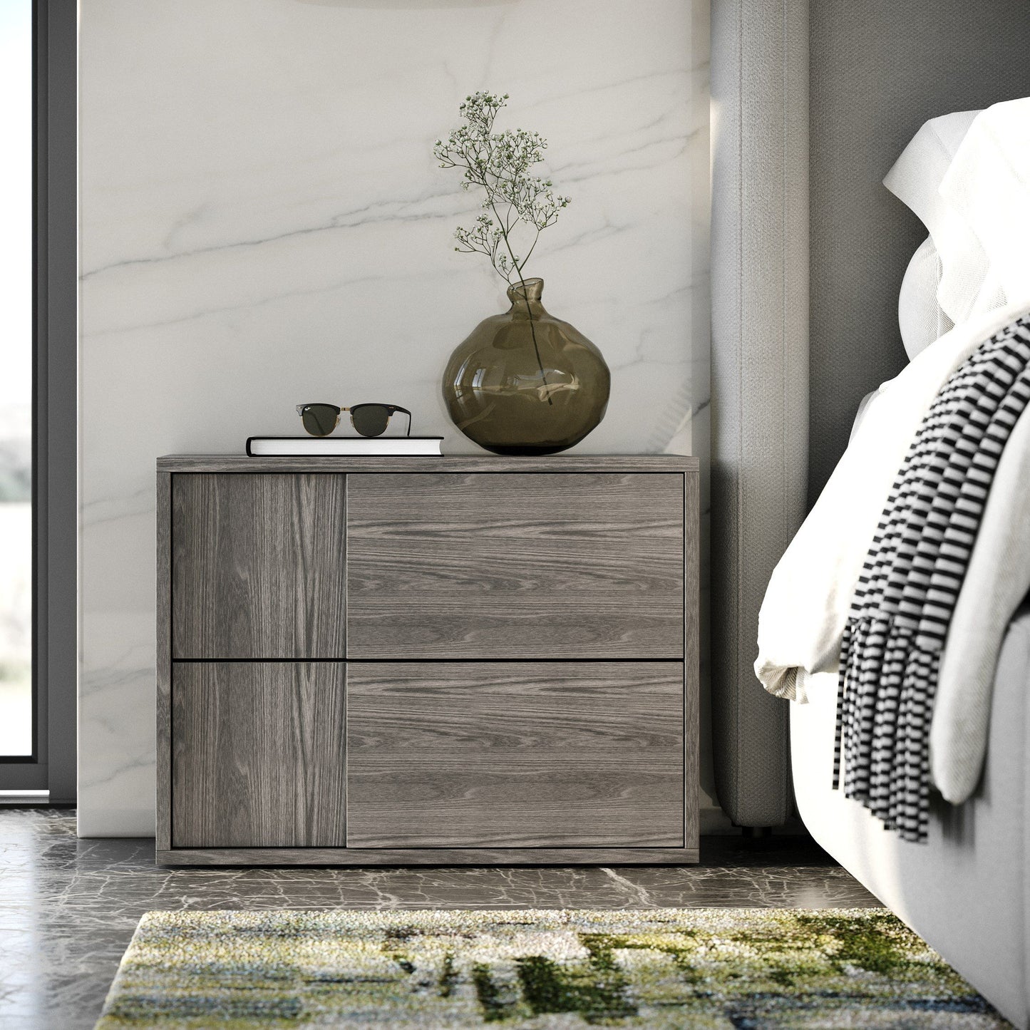 Modrest Byrne + Asus - Modern Grey Fabric + Elm Grey Bed & 2 Nightstands