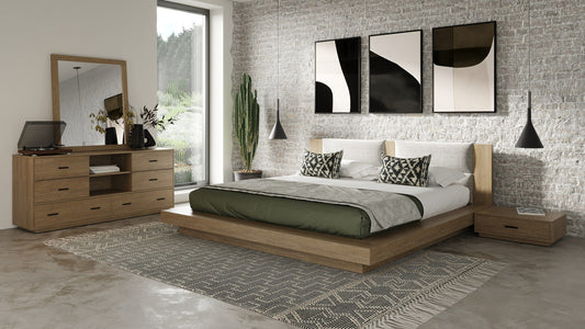 Nova Domus Fantasia - Contemporary Walnut & Grey Bed with Two Nightstands