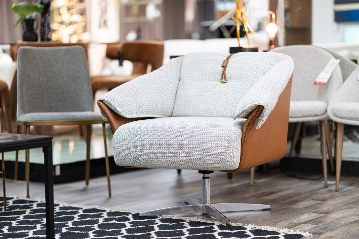 Modrest Ohio - Swivel Grey and Camel Fabric Accent Chair