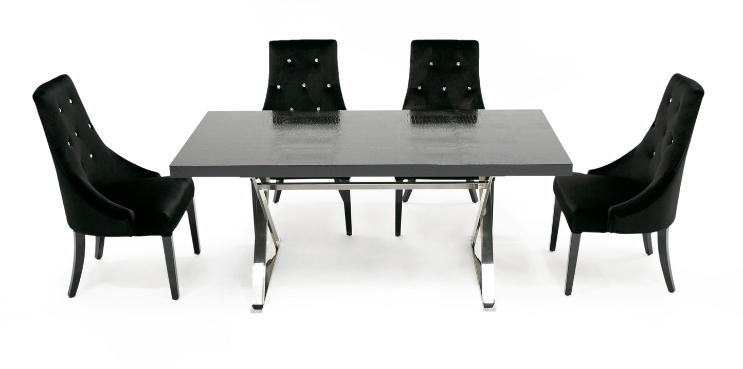 A&X Xavier - Modern Black Crocodile + Stainless Steel Dining Table