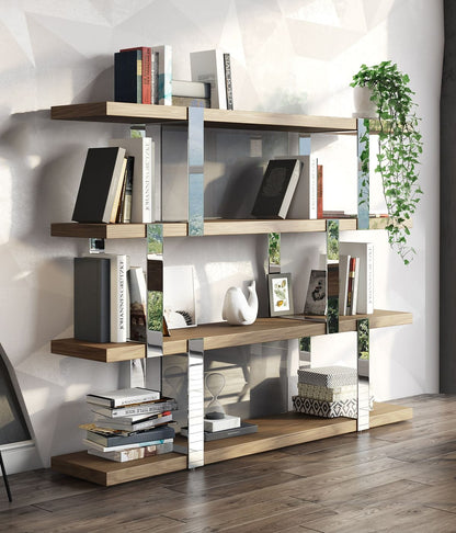 Modrest Brewer - Modern Walnut Glass & Stainless Steel Bookshelf