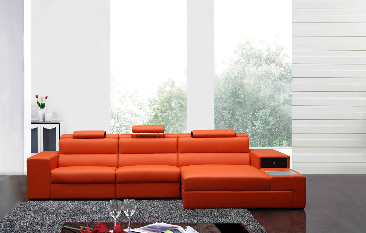 Divani Casa Polaris Mini - Contemporary Orange Bonded Leather Right Facing Sectional Sofa