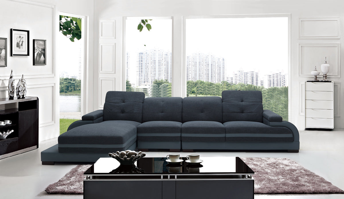 Divani Casa 5132 Modern Blue Fabric & Grey Bonded Leather Sectional Sofa