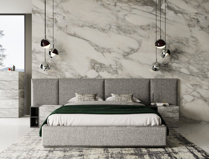 Nova Domus Maranello - Modern Grey Fabric Bed w/ Two Nightstands