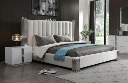 Modrest Token - Modern White + Stainless Steel Bed + Nightstands