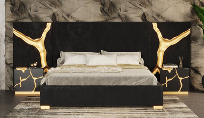 Modrest Aspen - Modern Black + Gold Bed + Nightstands