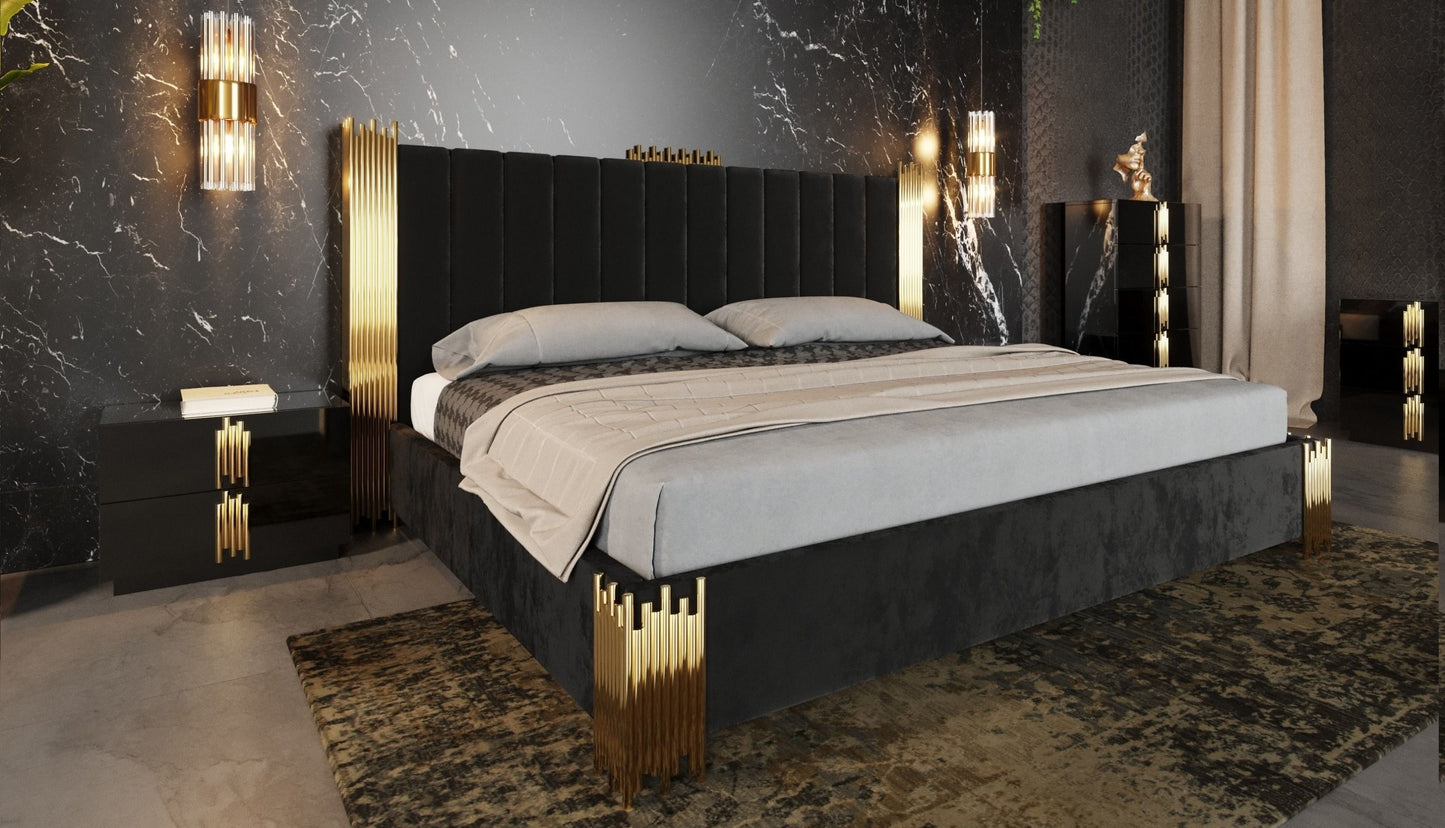 Modrest Token - Modern Black + Gold Bed + Nightstands