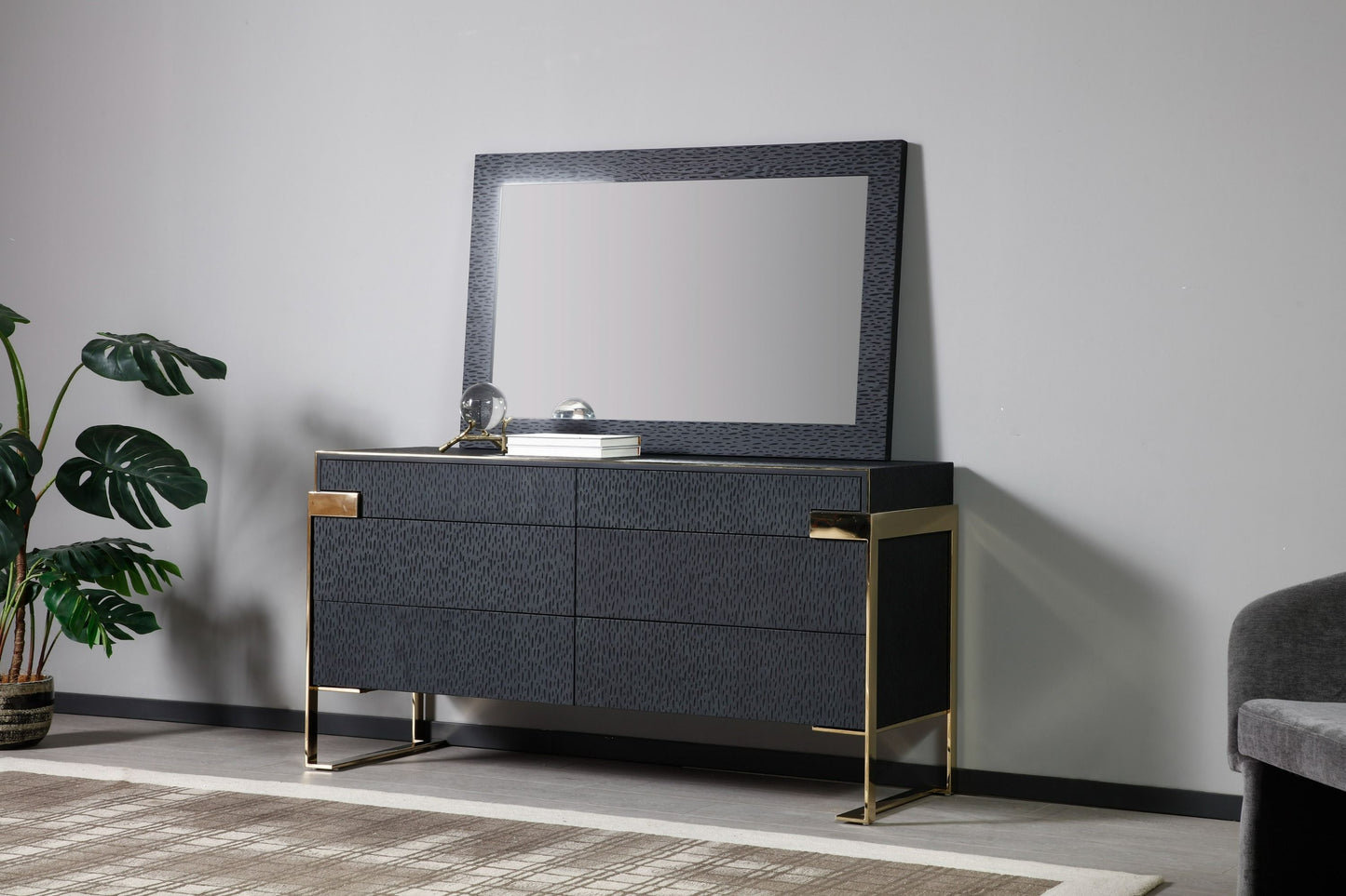 Modrest Athena & Rothsay - Modern Grey Fabric + Wenge + Gold Bedroom Set