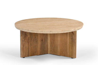 Modrest Pawnee - Modern Travertine Marble + Wood Round Coffee Table