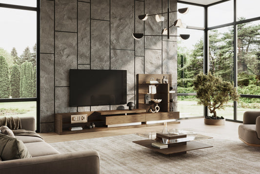 Modrest Clarion - Modern Walnut & Grey Glass Coffee Table