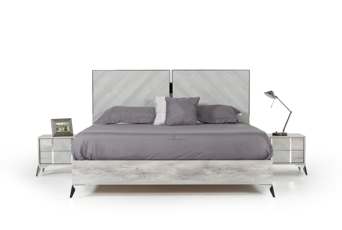 Nova Domus Alexa Italian Modern Grey Bed + 2 Nightstands Set