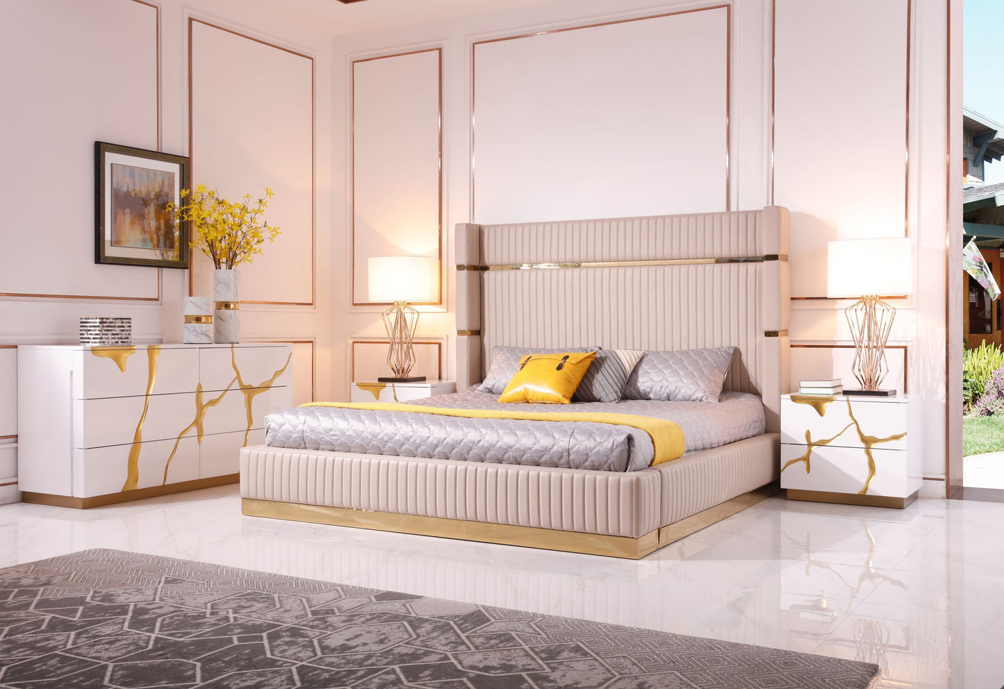Modrest - Sterling Modern Beige + Gold Bed + Nightstands