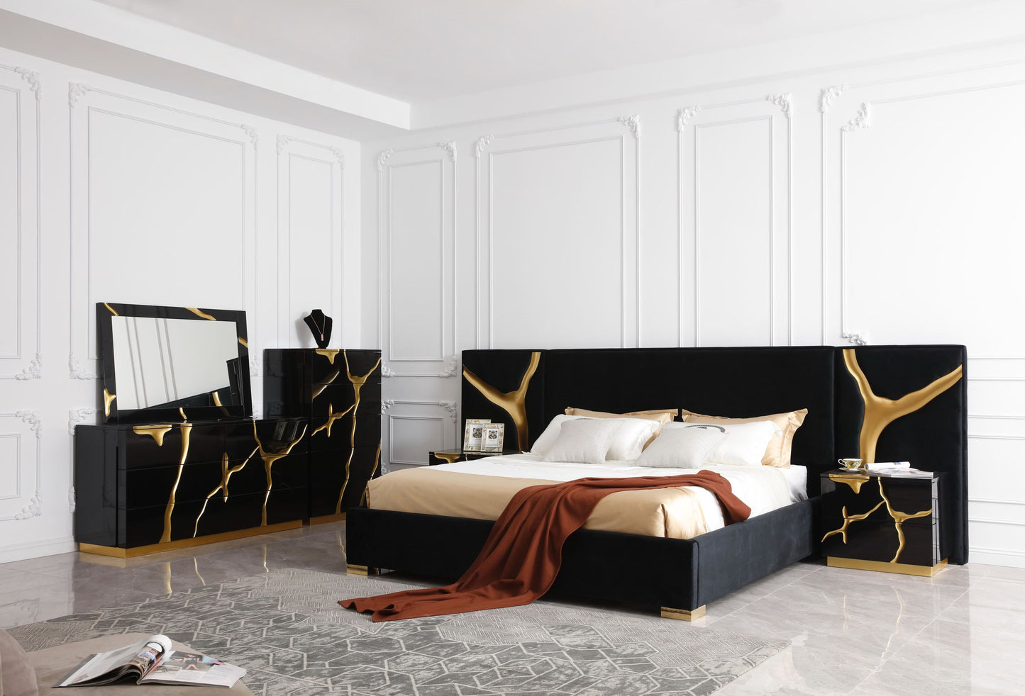 Modrest Aspen - Modern Black + Gold Bed + Nightstands