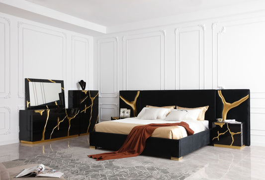 Modrest Aspen - Modern Black + Gold Bed + Nightstands