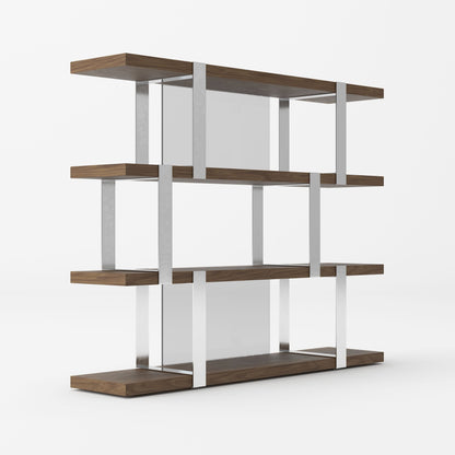 Modrest Brewer - Modern Walnut Glass & Stainless Steel Bookshelf