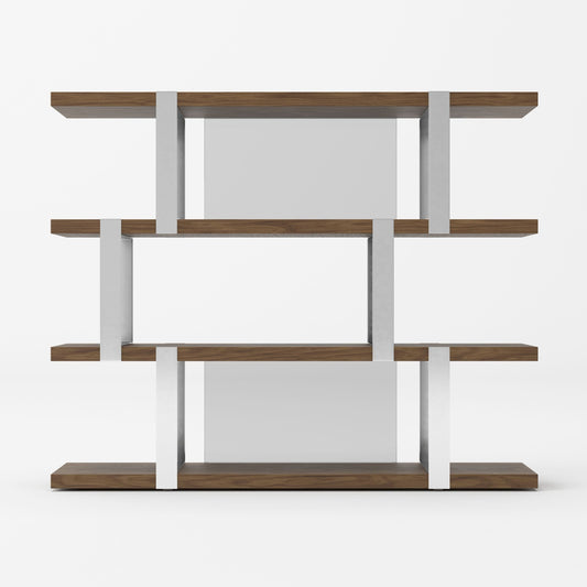 Modrest Brewer - Modern Walnut Glass & Stainless Steel Bookshelf