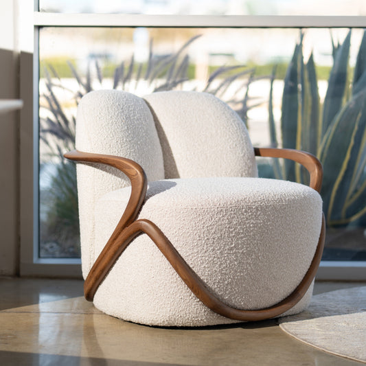 Modrest Fortuna - Mid-Century Modern Off-White Fabric + Walnut Accent Chair