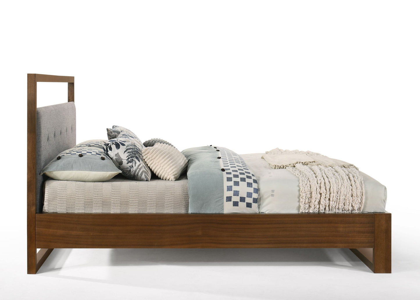 Nova Domus Falcor - Modern Grey Fabric & Walnut Veneer Bed