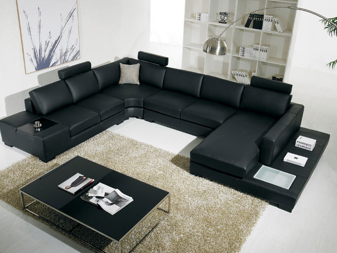T35 - Modern Black Genuine Leather Sectional Sofa with Light