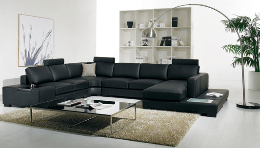 T35 - Modern Black Genuine Leather Sectional Sofa with Light