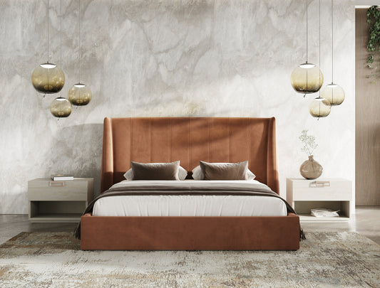 Lamod Roma + Lago - Modern Burnt Orange Velvet + Faux Travertine 4-Piece Bedroom Set