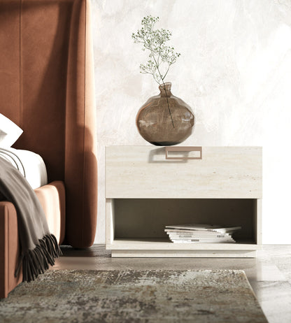 Lamod Roma + Lago - Modern Burnt Orange Velvet + Faux Travertine Bed + Nightstands Set