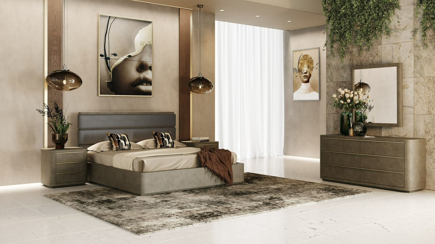 Modrest Lois - Modern Grey Leather & Beige Shagreen Bedroom Set