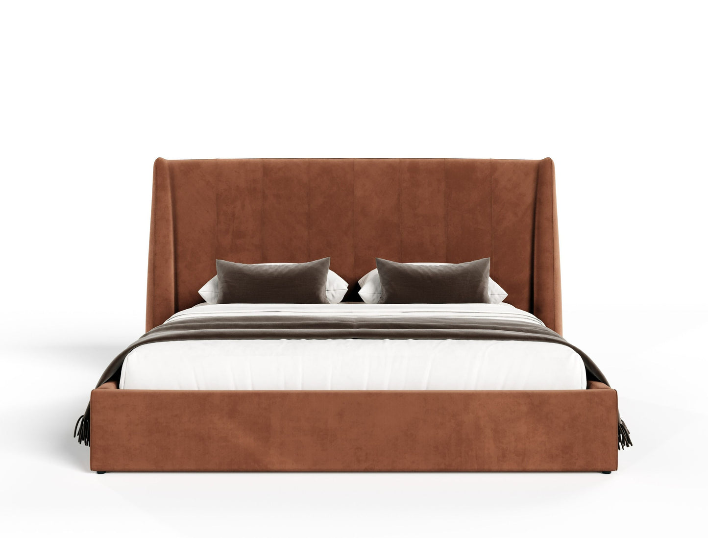 Lamod Roma + Lago - Modern Burnt Orange Velvet + Faux Travertine Bed + Nightstands Set