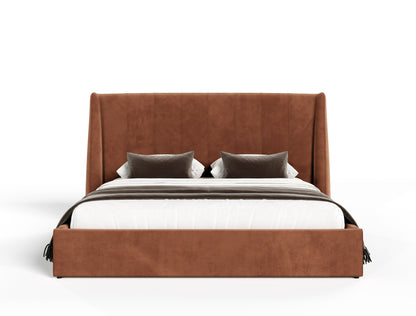 Lamod Roma + Lago - Modern Burnt Orange Velvet + Faux Travertine Bed + Nightstands Set