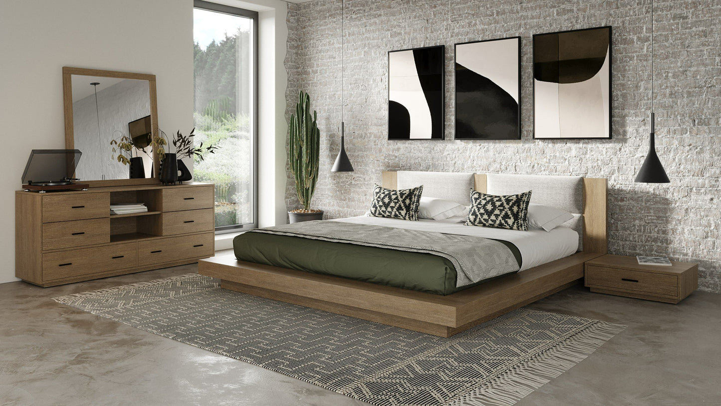 Nova Domus Fantasia - Contemporary Walnut & Grey Bed with Two Nightstands