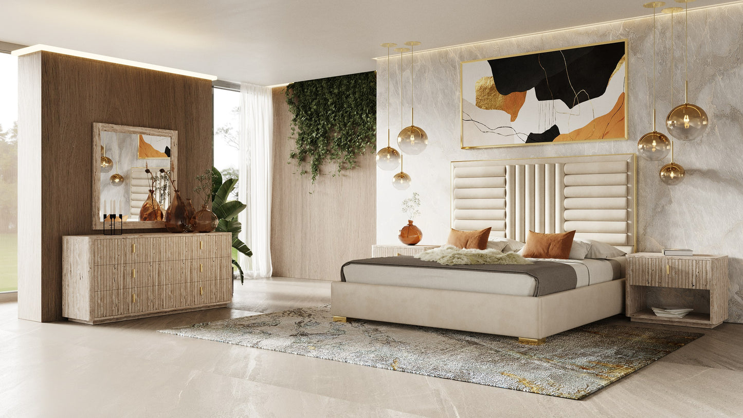 Nova Domus Roma - Modern Faux Travertine + Gold Nightstand
