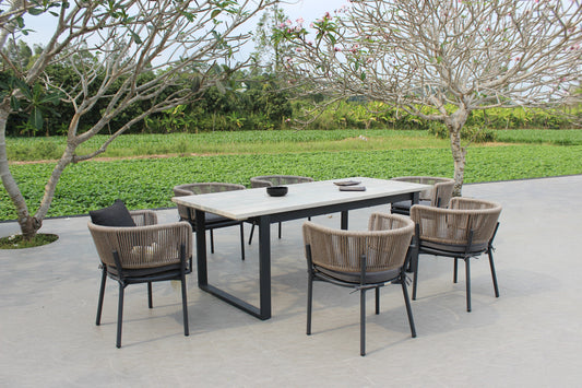 Renava Suntide - Outdoor Grey Fabric + Grey Acacia + Beige Rattan Dining Set