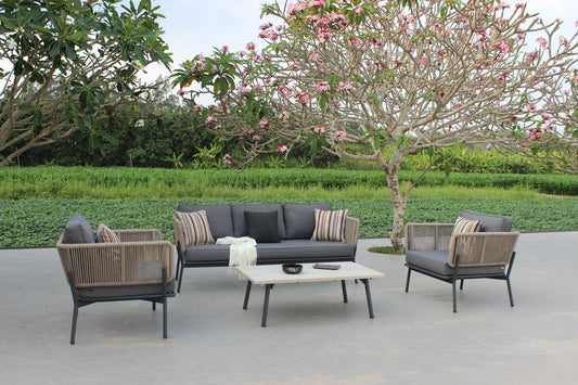 Renava Suntide - Outdoor Grey Fabric + Beige Rattan + Grey Acacia Sofa Set