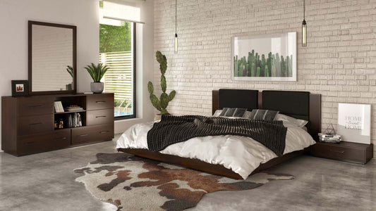 Nova Domus Fantasia - Dark Walnut/Dark Grey Bed and Two Nightstands