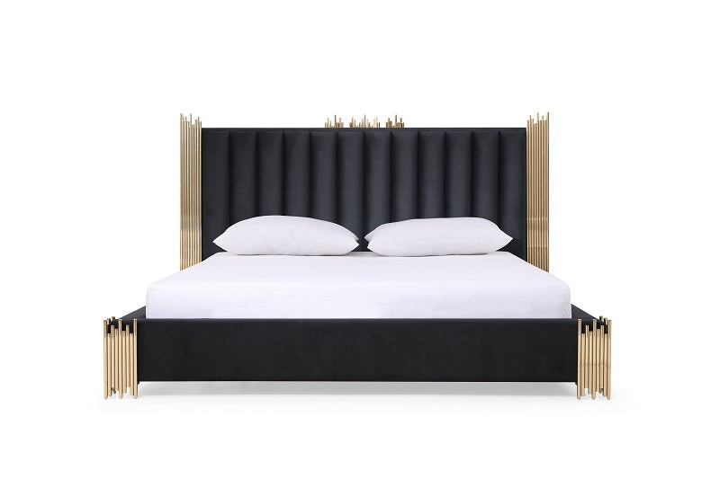 Modrest Token - Modern Black + Gold Bed + Nightstands