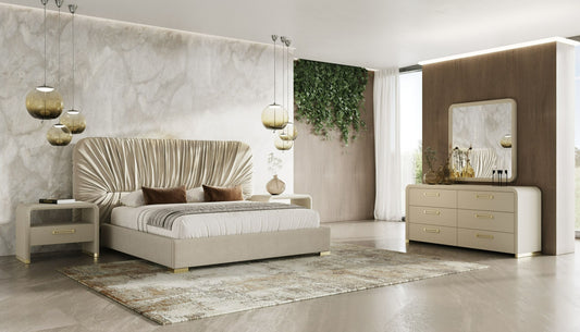 Modrest Florence - Modern Beige Velvet + Leatherette Bedroom Set